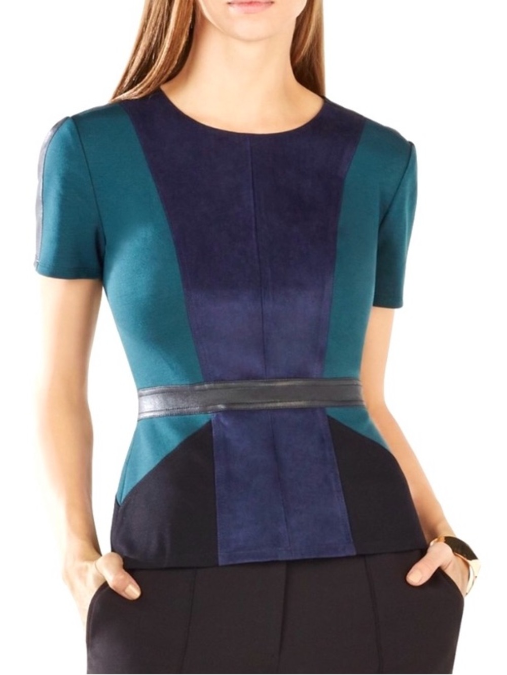 BCBGMaxAzria Suede Leather Green, Navy & Black Colorblock Peplum Top